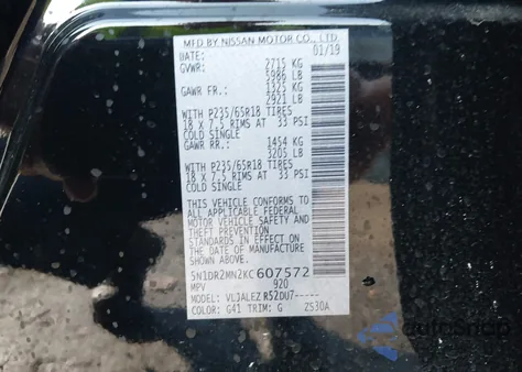2019 Nissan Pathfinder Sv z USA, uszkodzony, nr VIN 5N1DR2MN2KC607572